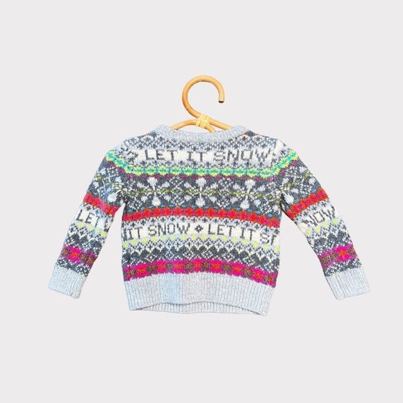 Gap Sweater Let It Snow Stripes Heather Gray Pink 12-18M 12-18 Months - Picture 1 of 9
